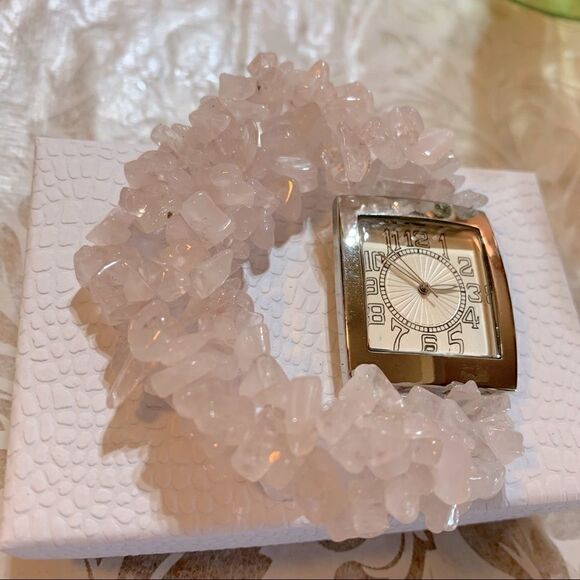 Rose Quartz Watch 4 Rows of Stones Stretch Bracelet Watch Works - Picture 3 of 7